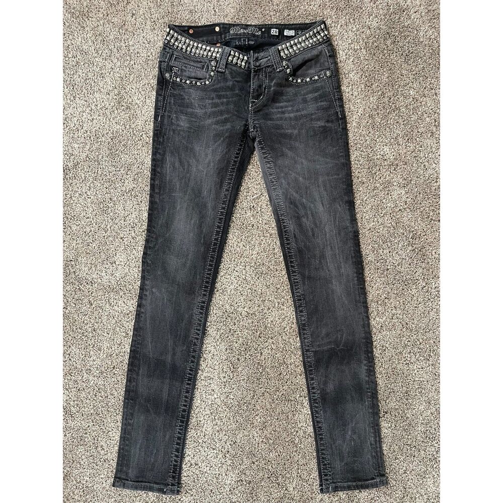 Miss Me Black Studded Leather Cross Skinny Jeans Size 28in – Needs Waist Button